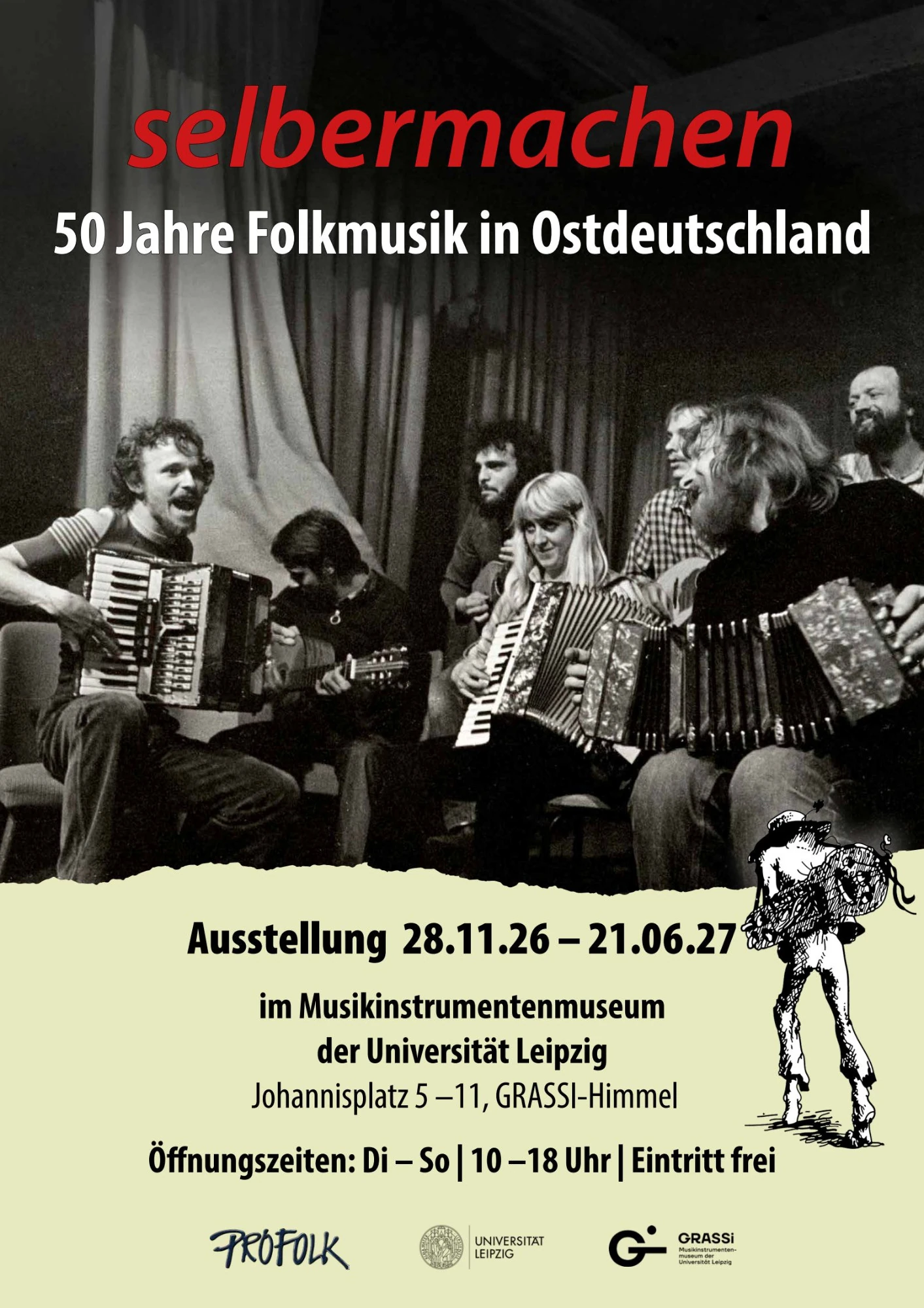 Plakat der Ausstellung "50 Jahre Folkmusik in Ostdeutschland" (Foto: J&uuml;rgen Hohmuth/zeitort, Layout: Gabi Lattke)